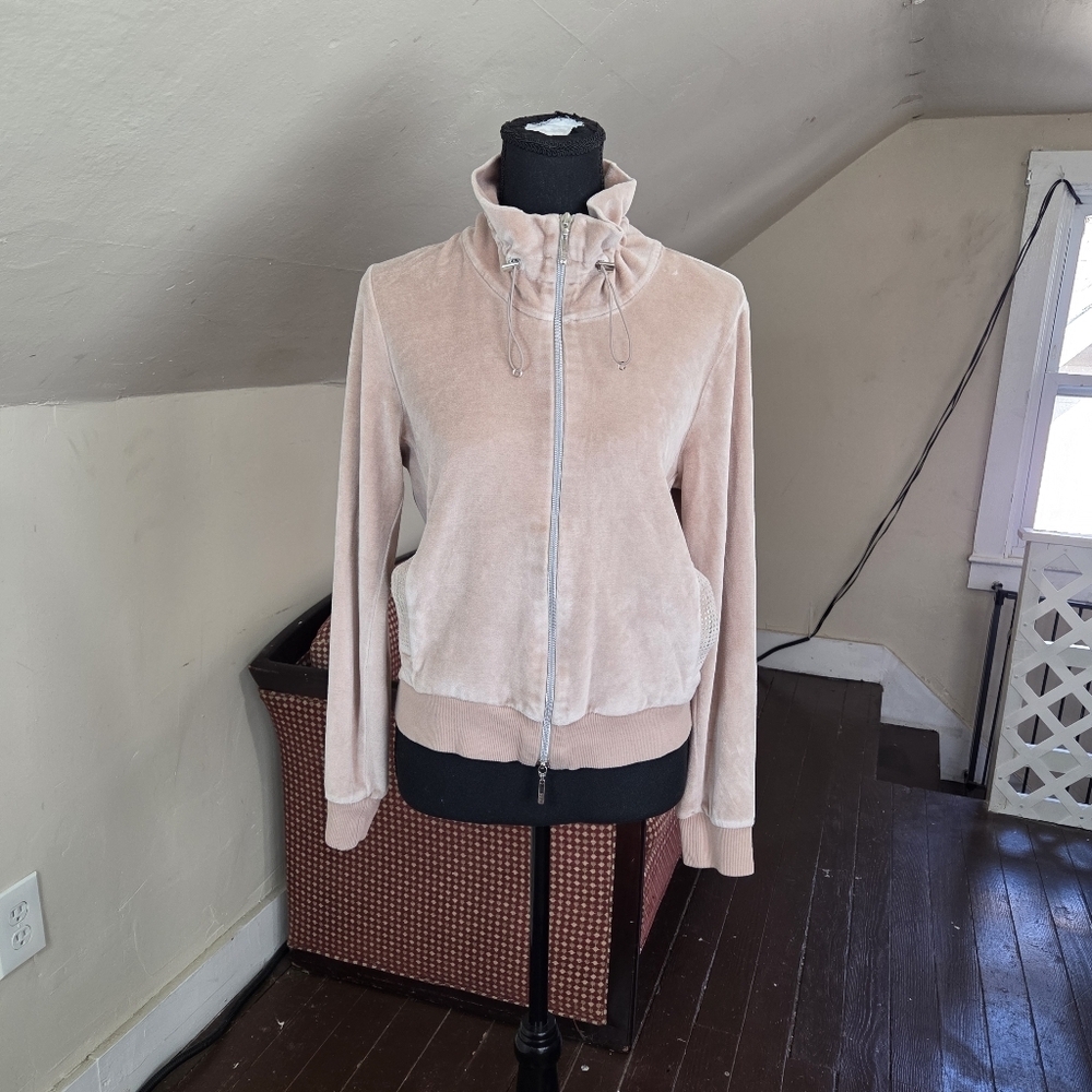 Escada Sport Velour Zip-Up Jacket Beige Pink Studded Pockets Size M